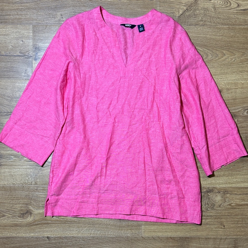 Lands' End Bright Pink Linen-Blend Split-Neck Tunic Small